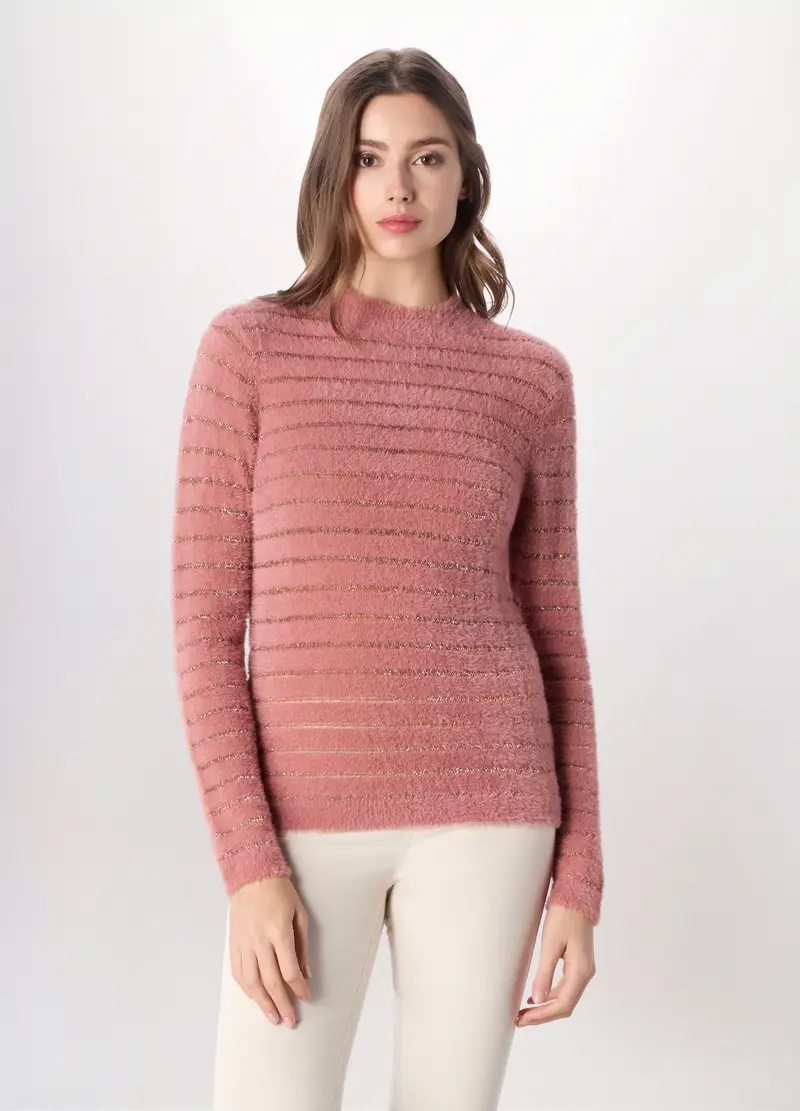 Tricot Fluffy A Righe Donna, Rosa pastello
