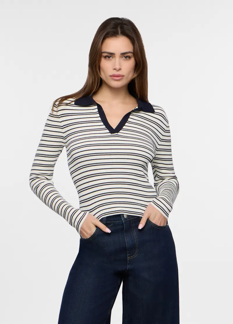 Tricot In Costina Misto Viscosa Donna, Bianco/Blu