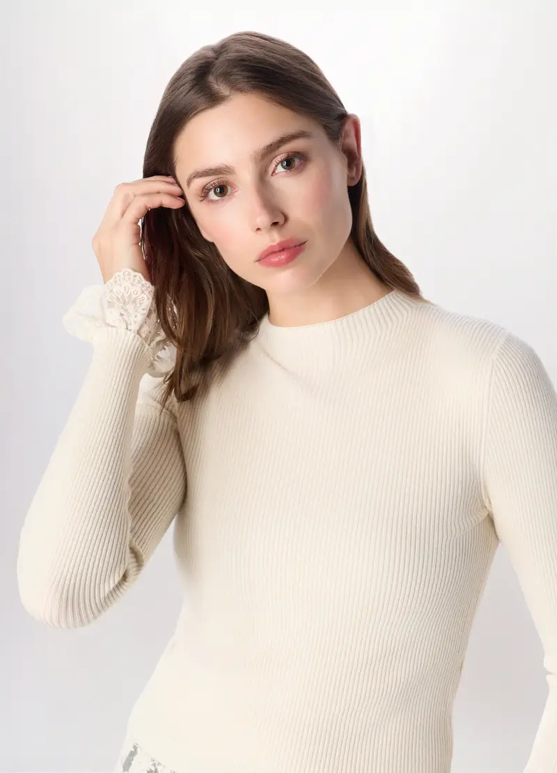 Tricot In Costina Misto Viscosa Donna, Bianco panna miniatura 3