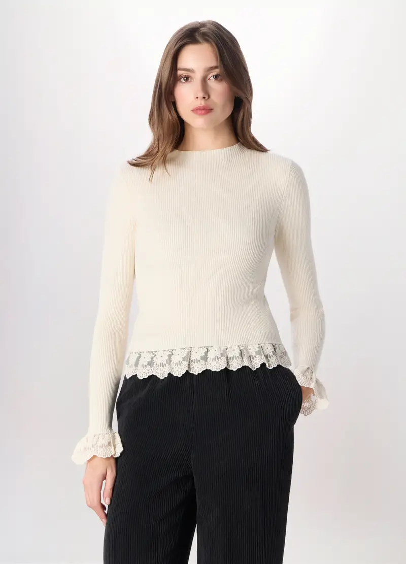 Tricot In Costina Misto Viscosa Donna, Bianco panna