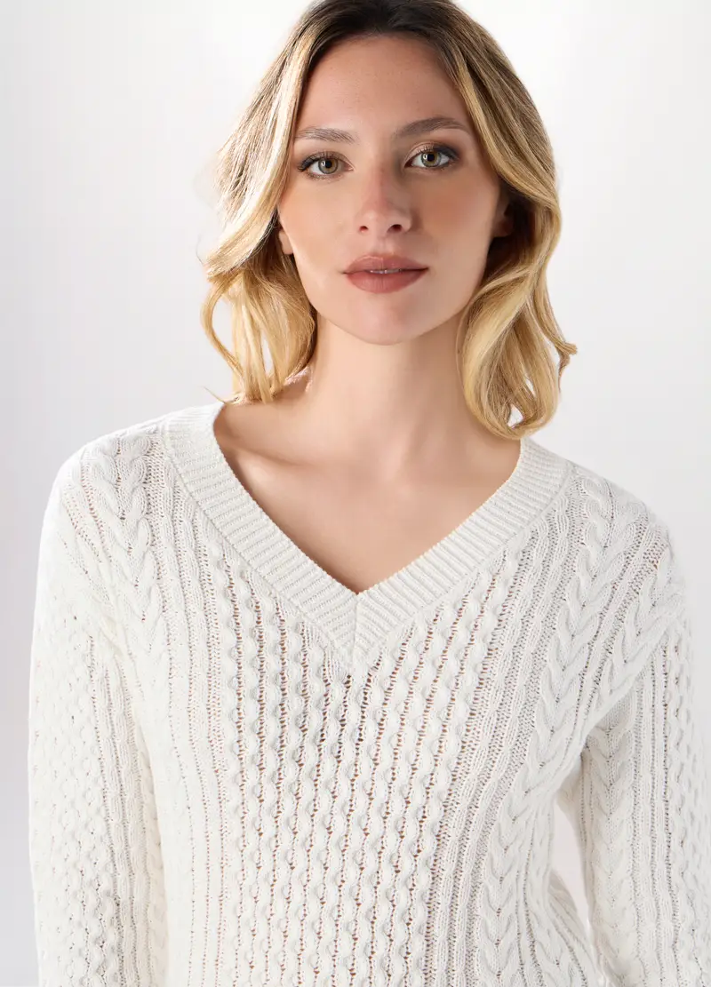 Tricot In Puro Cotone Donna, Bianco panna miniatura 3