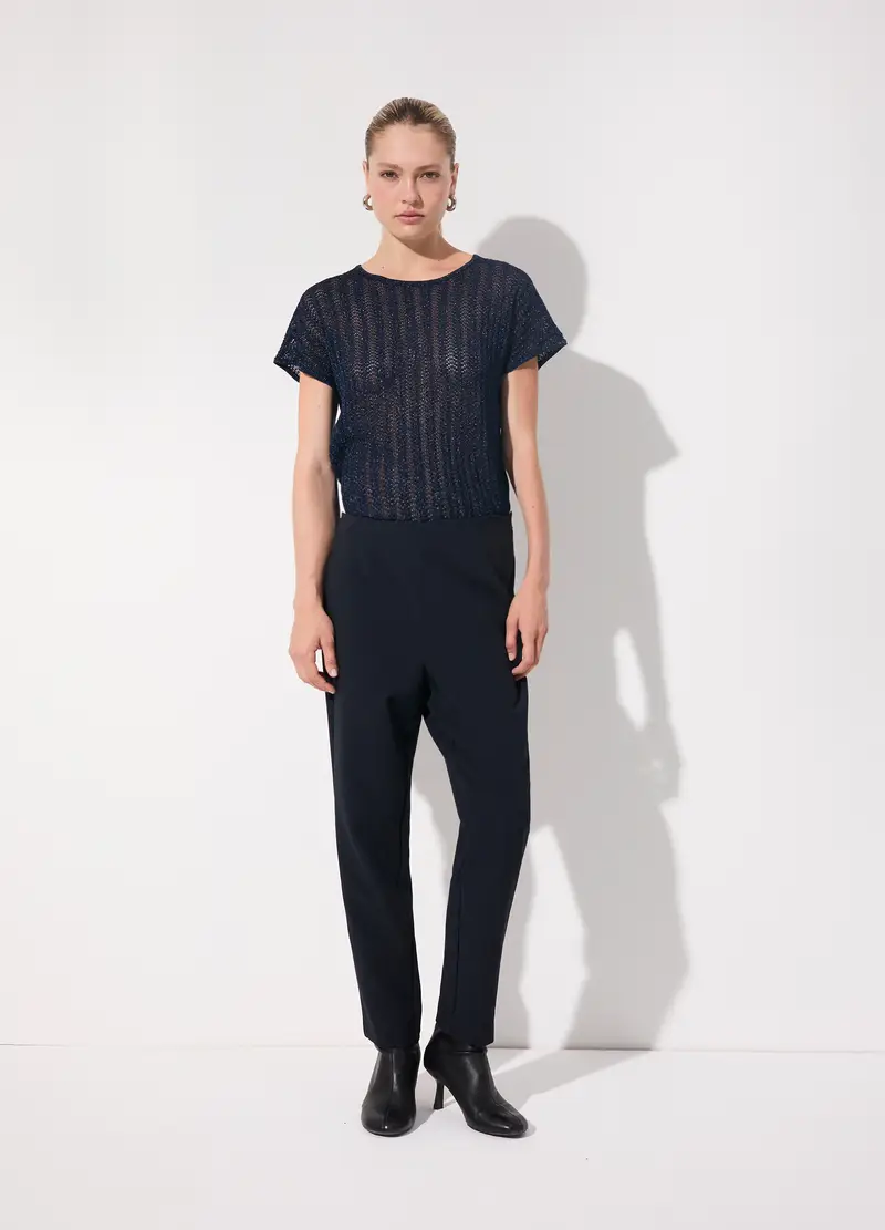 Tricot Kimono A Maniche Corte In Filo Lurex Donna, Unisex, Blu navy