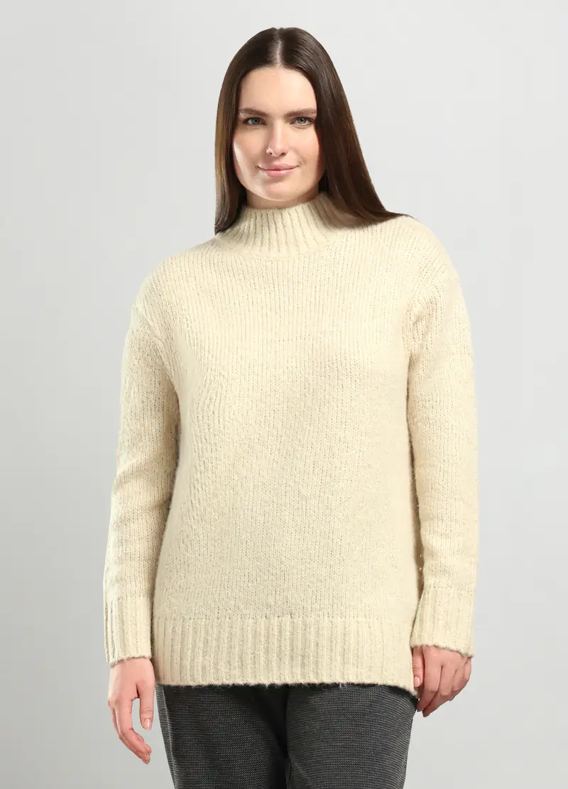 Tricot Misto Lana Donna Curvy, Bianco panna