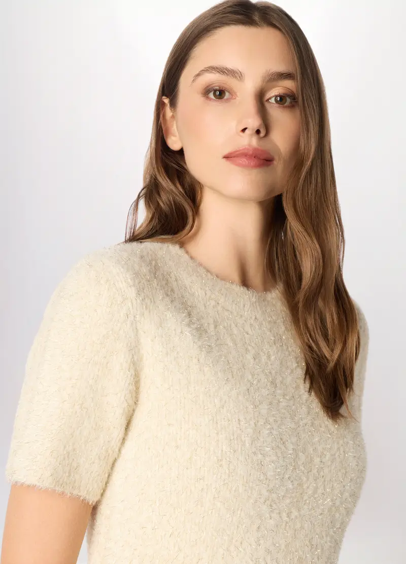 Tricot Misto Viscosa A Maniche Corte Donna, Bianco/Beige miniatura 3