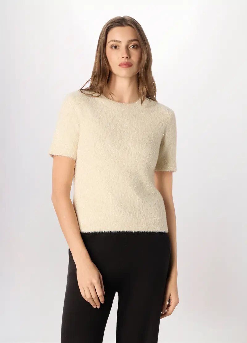 Tricot Misto Viscosa A Maniche Corte Donna, Bianco/Beige