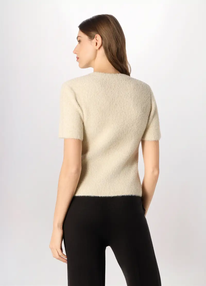 Tricot Misto Viscosa A Maniche Corte Donna, Bianco/Beige miniatura 2