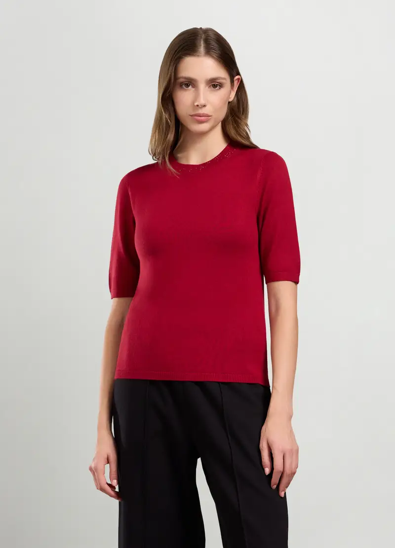 Tricot Misto Viscosa A Maniche Corte Donna, Rosso aragosta