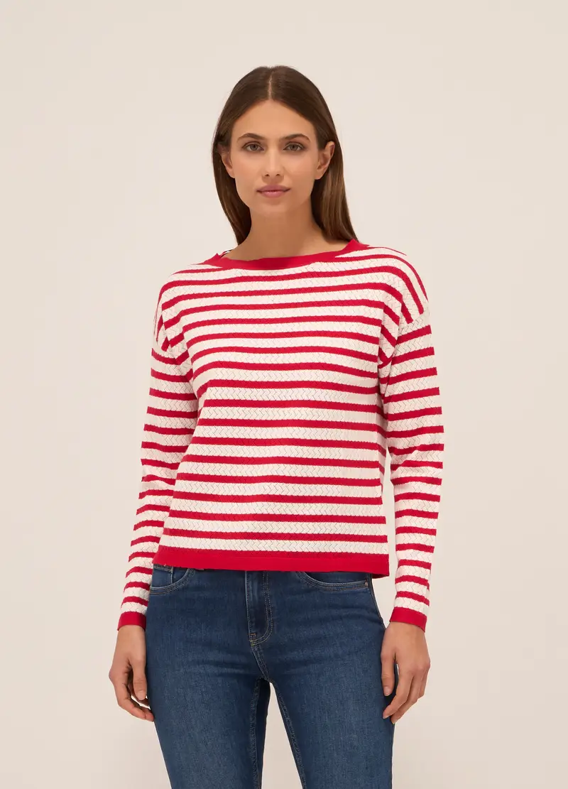 Tricot Misto Viscosa A Righe Donna, Bianco/Rosso