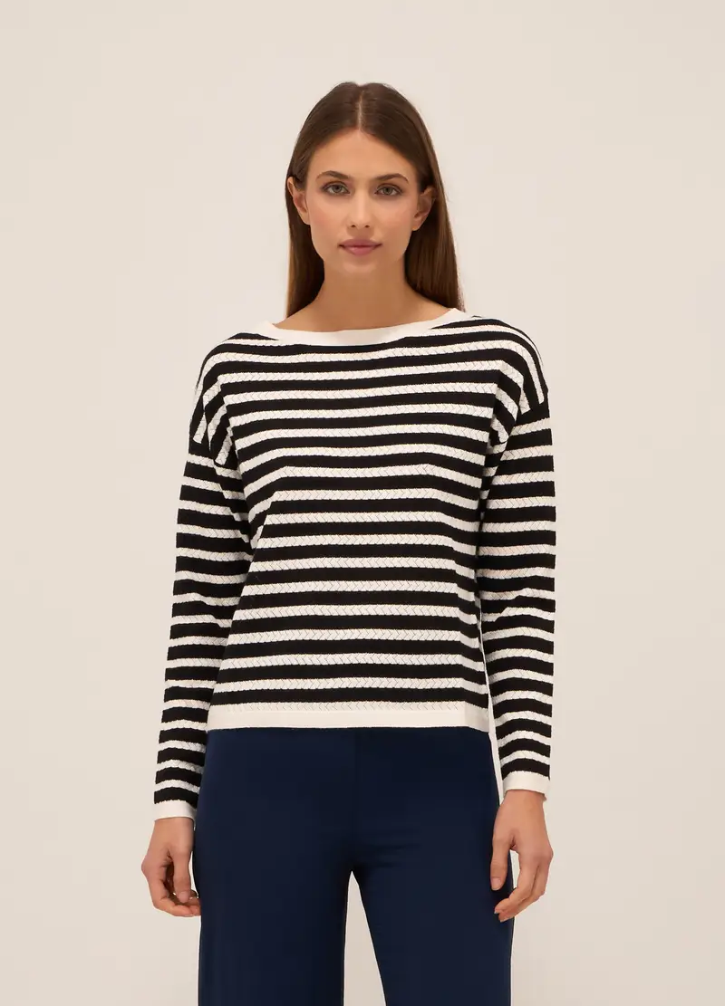 Tricot Misto Viscosa A Righe Donna, Nero/Bianco