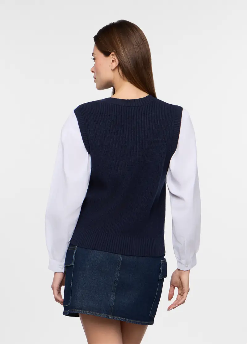 Tricot Misto Viscosa Con Inserto Camicia Donna, Blu navy miniatura 2