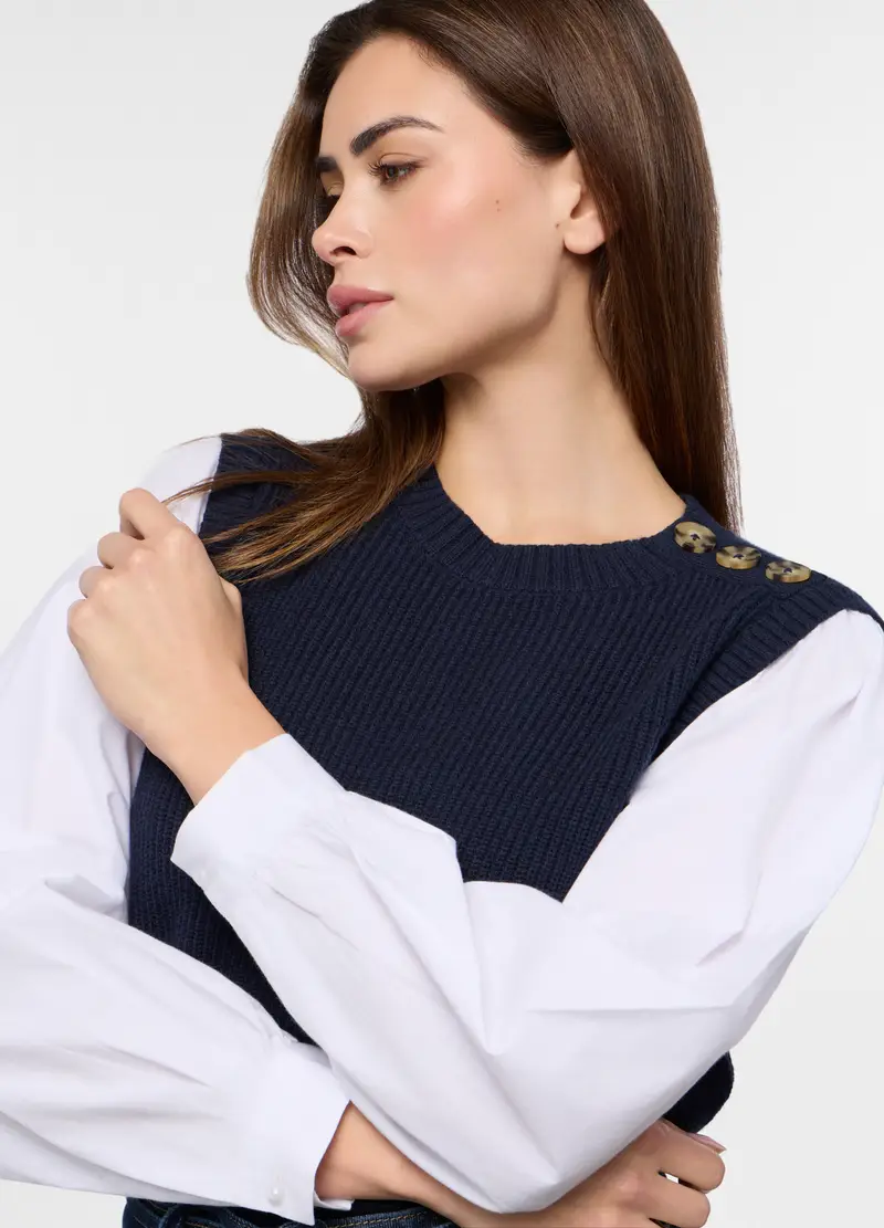 Tricot Misto Viscosa Con Inserto Camicia Donna, Blu navy miniatura 3