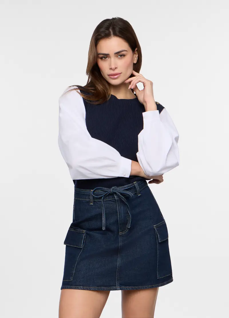 Tricot Misto Viscosa Con Inserto Camicia Donna, Blu navy