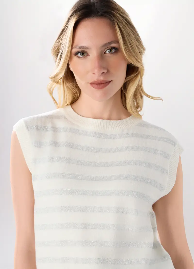 Tricot Smanicato Misto Viscosa Donna, Bianco panna miniatura 3