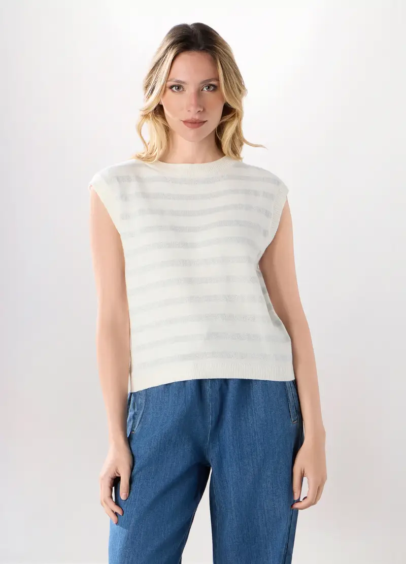 Tricot Smanicato Misto Viscosa Donna, Bianco panna