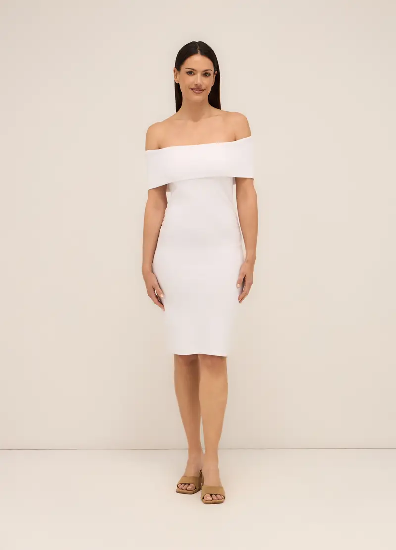 Tubino Corto In Costina Di Cotone Stretch Donna, Bianco gesso