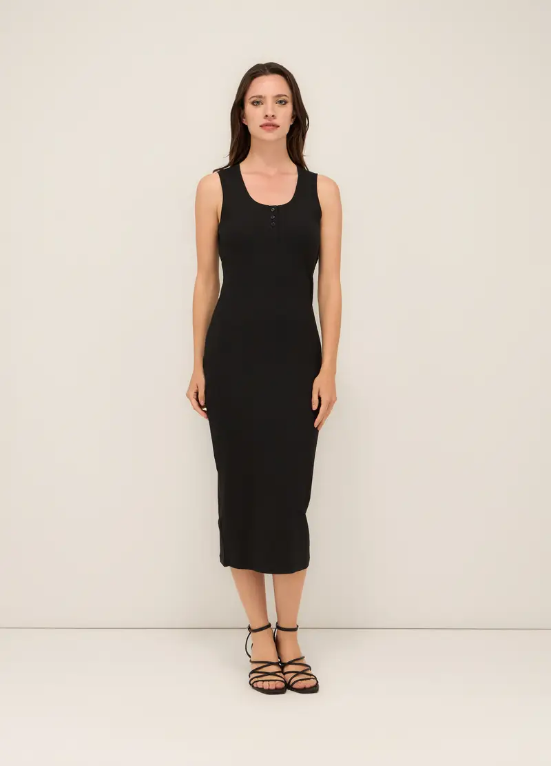 Tubino In Costina Di Cotone Stretch Donna, Nero