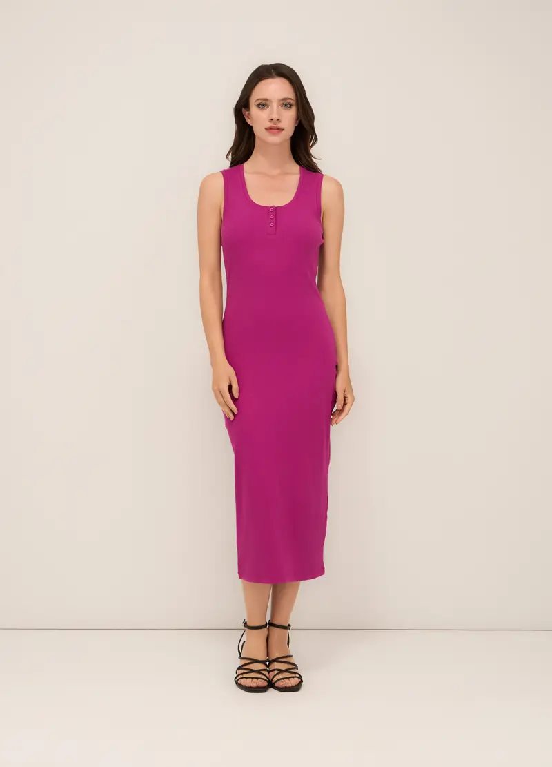 Tubino In Costina Di Cotone Stretch Donna, Rosa fuxia