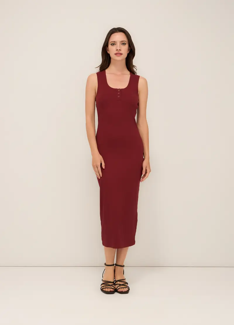 Tubino In Costina Di Cotone Stretch Donna, Rosso scuro