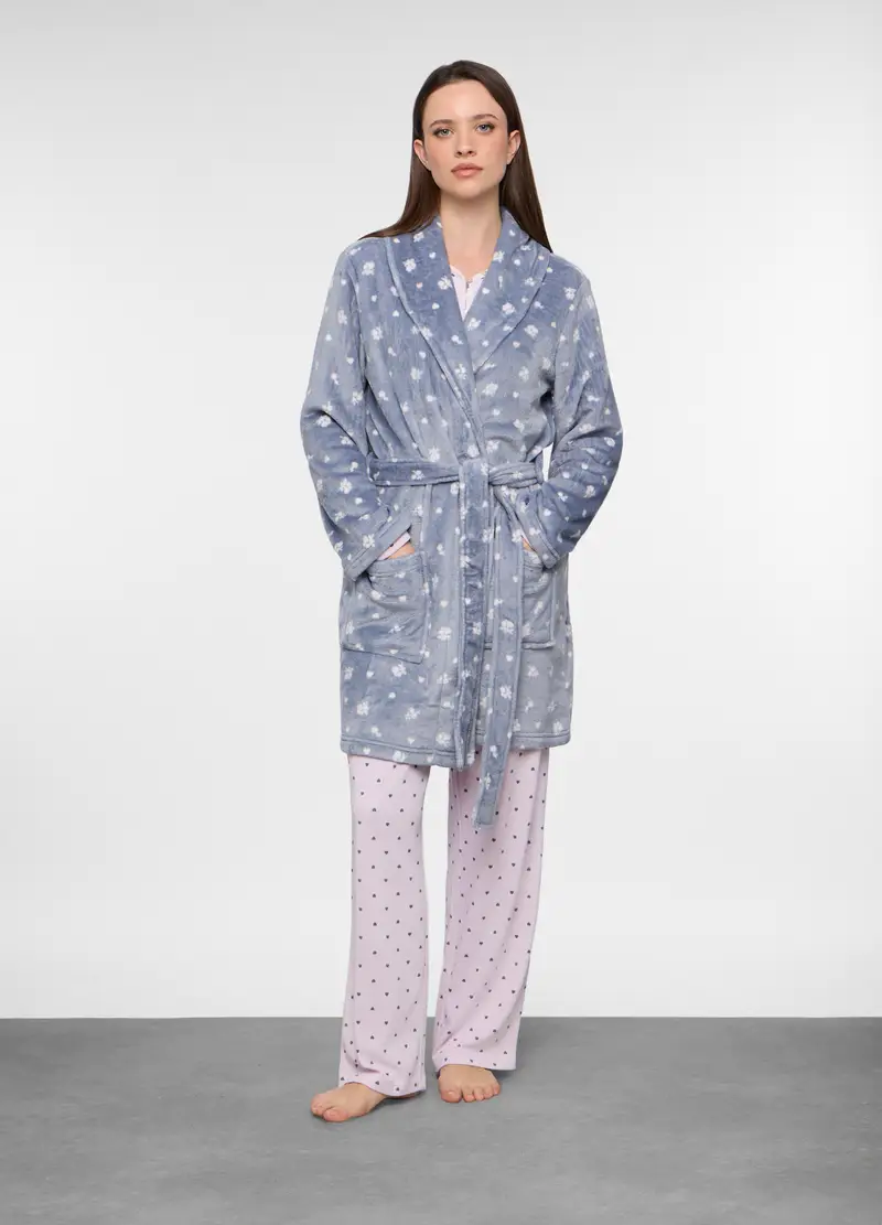 Vestaglia In Coral Fleece Con Stampa Donna, Azzurro celeste