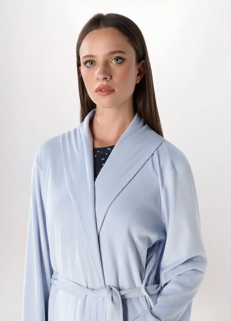 Vestaglia In Velluto Tinta Unita Donna, Azzurro miniatura 3