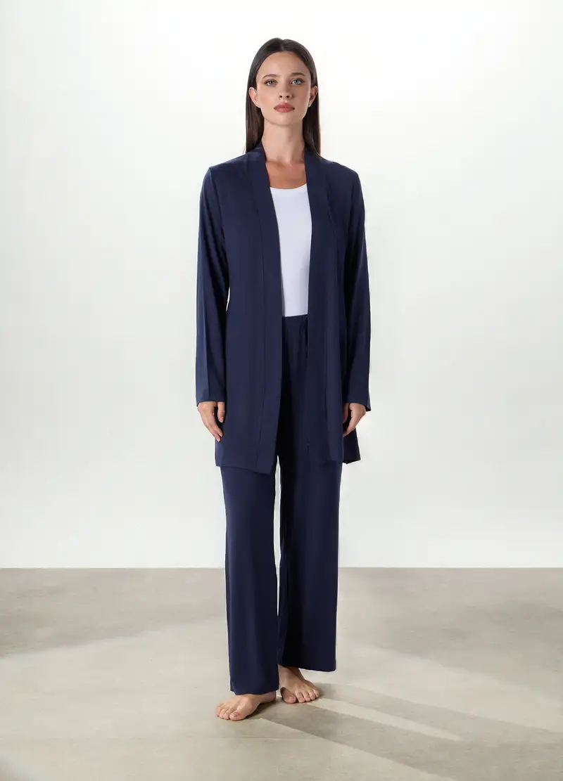 Vestaglia Pigiama In Modal Stretch Tinta Unita Donna, Blu scuro