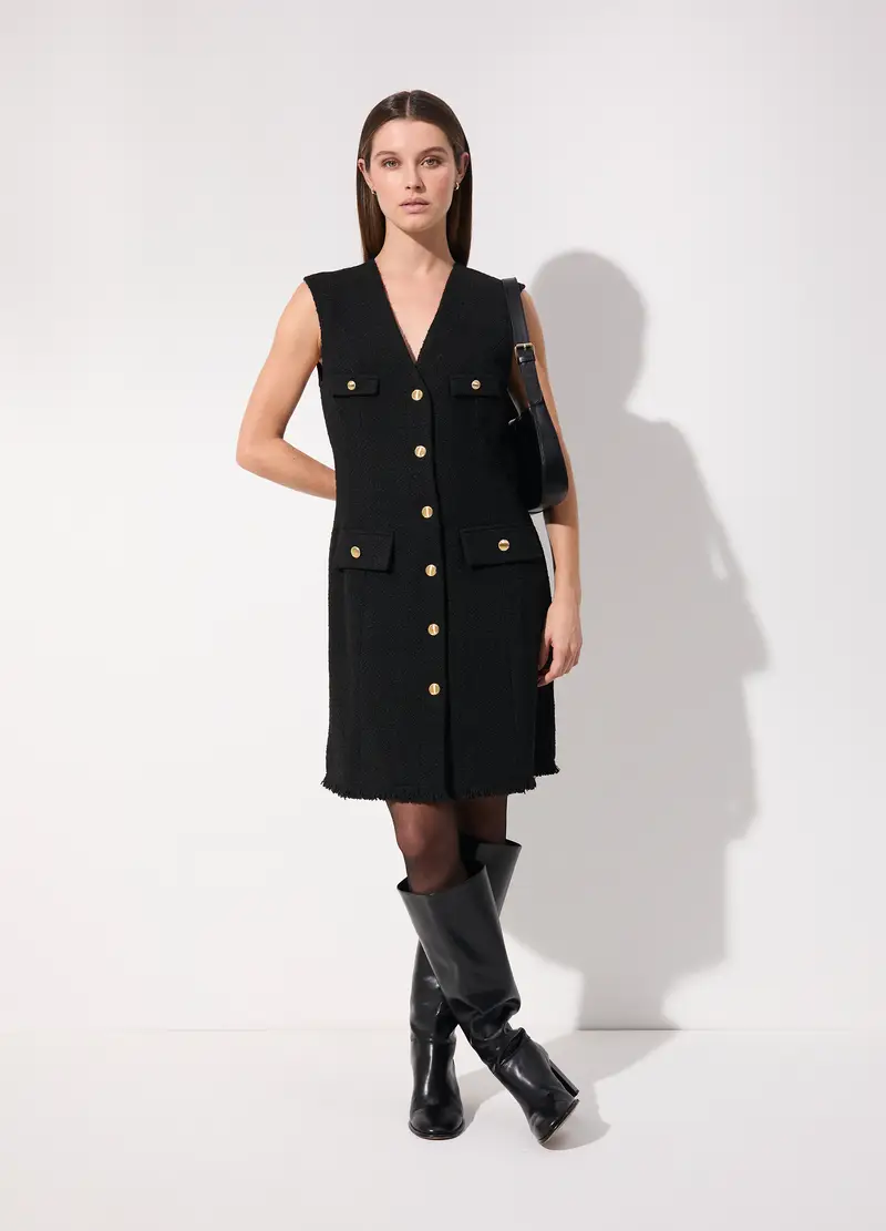 Vestito Bouclé Corto Smanicato Donna, Unisex, Nero