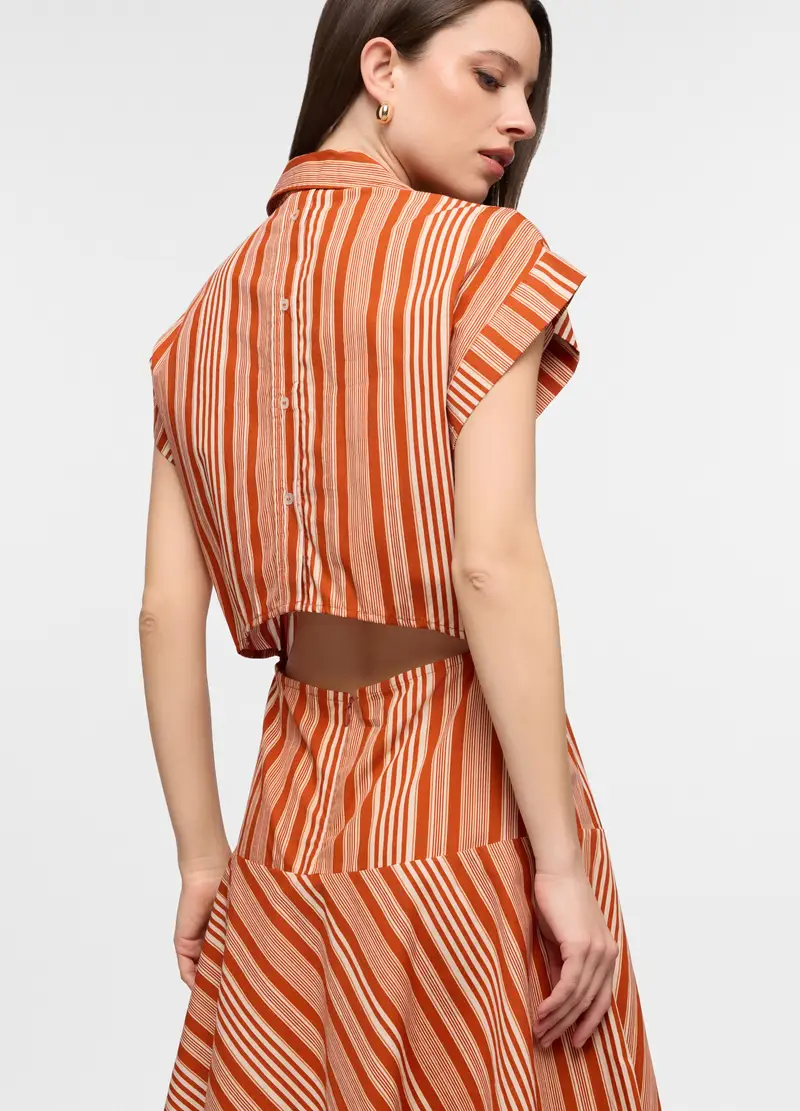 Vestito Corto Con Scollo A V In Puro Cotone Popeline Donna, Rosso/Arancione miniatura 3