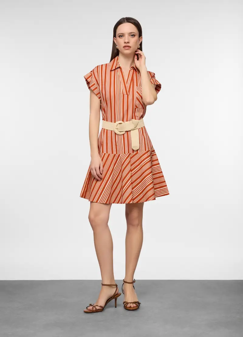 Vestito Corto Con Scollo A V In Puro Cotone Popeline Donna, Rosso/Arancione