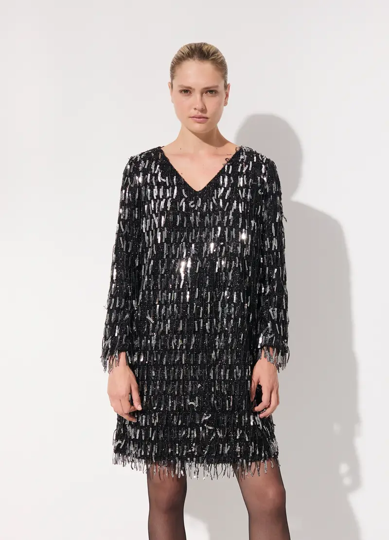 Vestito Corto In Paillettes Donna, Unisex, Nero miniatura 2