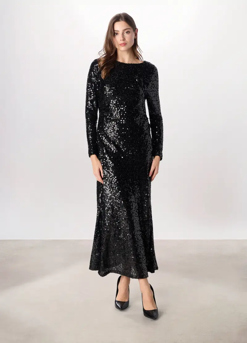 Vestito Lungo Con Paillettes Donna, Nero