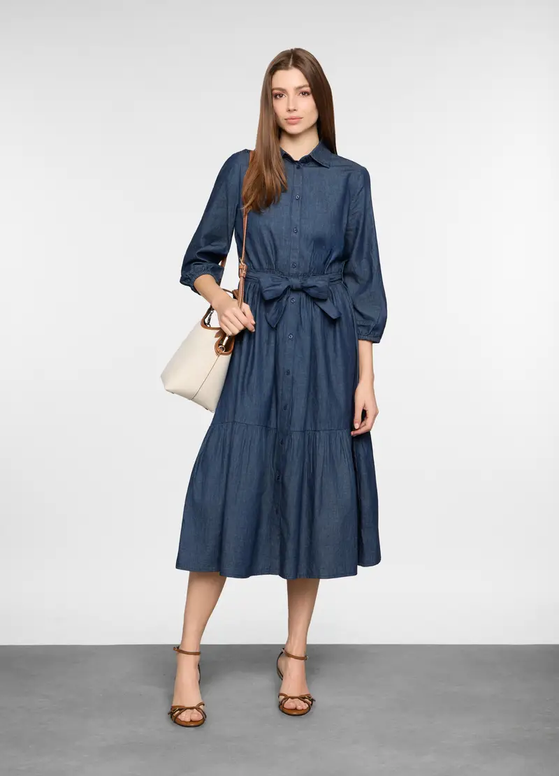 Vestito Lungo In Chambray Di Puro Cotone Donna, Blu chambray