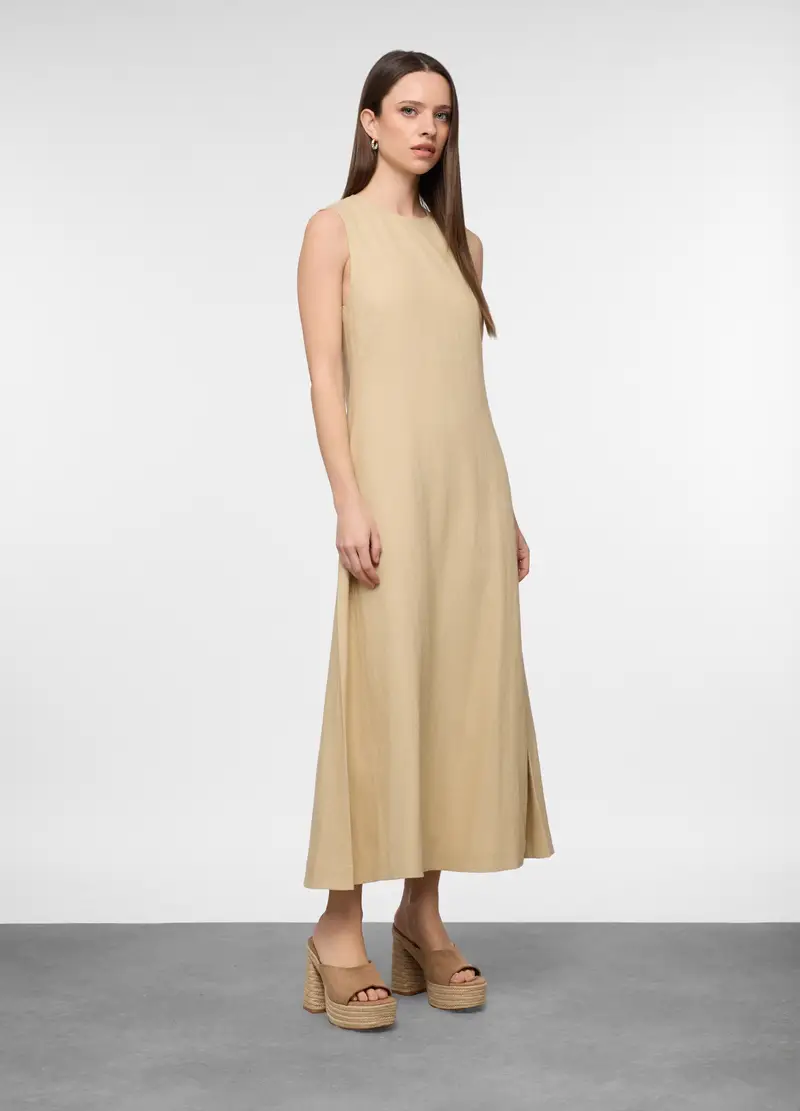 Vestito Lungo Misto Lino Donna, Beige chiaro