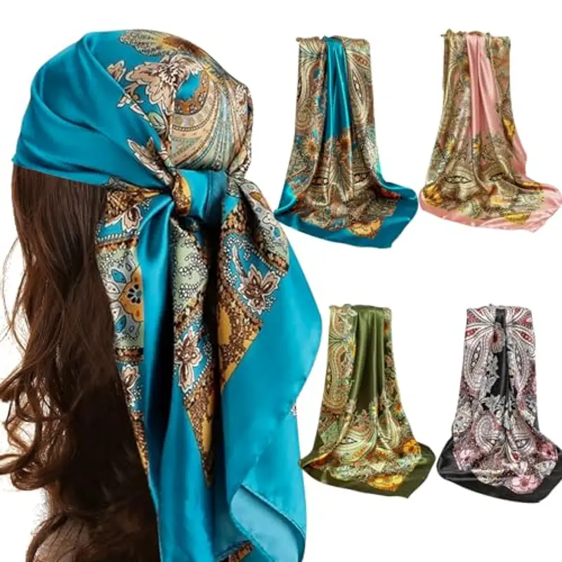 UptVin 4 Bandane con Fiori Finti, Foulard Quadrato in Raso 90 x 90 cm, Accessorio per Capelli, Collo, Fascia, Sciarpe per Donne, Decorazione e Regalo per Donna