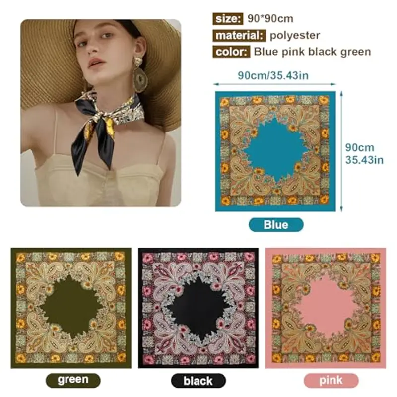 UptVin 4 Bandane con Fiori Finti, Foulard Quadrato in Raso 90 x 90 cm, Accessorio per Capelli, Collo, Fascia, Sciarpe per Donne, Decorazione e Regalo per Donna miniatura 2