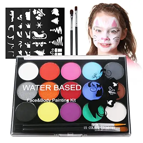 URAQT Body Painting, 15 Colori Face Painting, Pittura Corpo con 32 Stampini e 2 Pennelli, Coloranti Naturale e Sicuro,