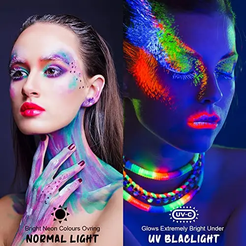 URAQT Glow Paint, 12 Colori Pittura Corpo Face Painting, Color Body Paint Trucchi Neon con 5 Pz Stampini e 2 Pennelli miniatura 2