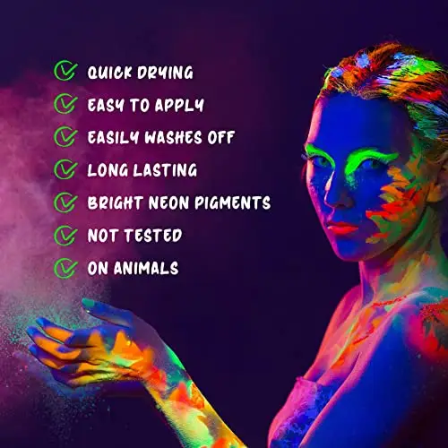 URAQT Glow Paint, 12 Colori Pittura Corpo Face Painting, Color Body Paint Trucchi Neon con 5 Pz Stampini e 2 Pennelli miniatura 3