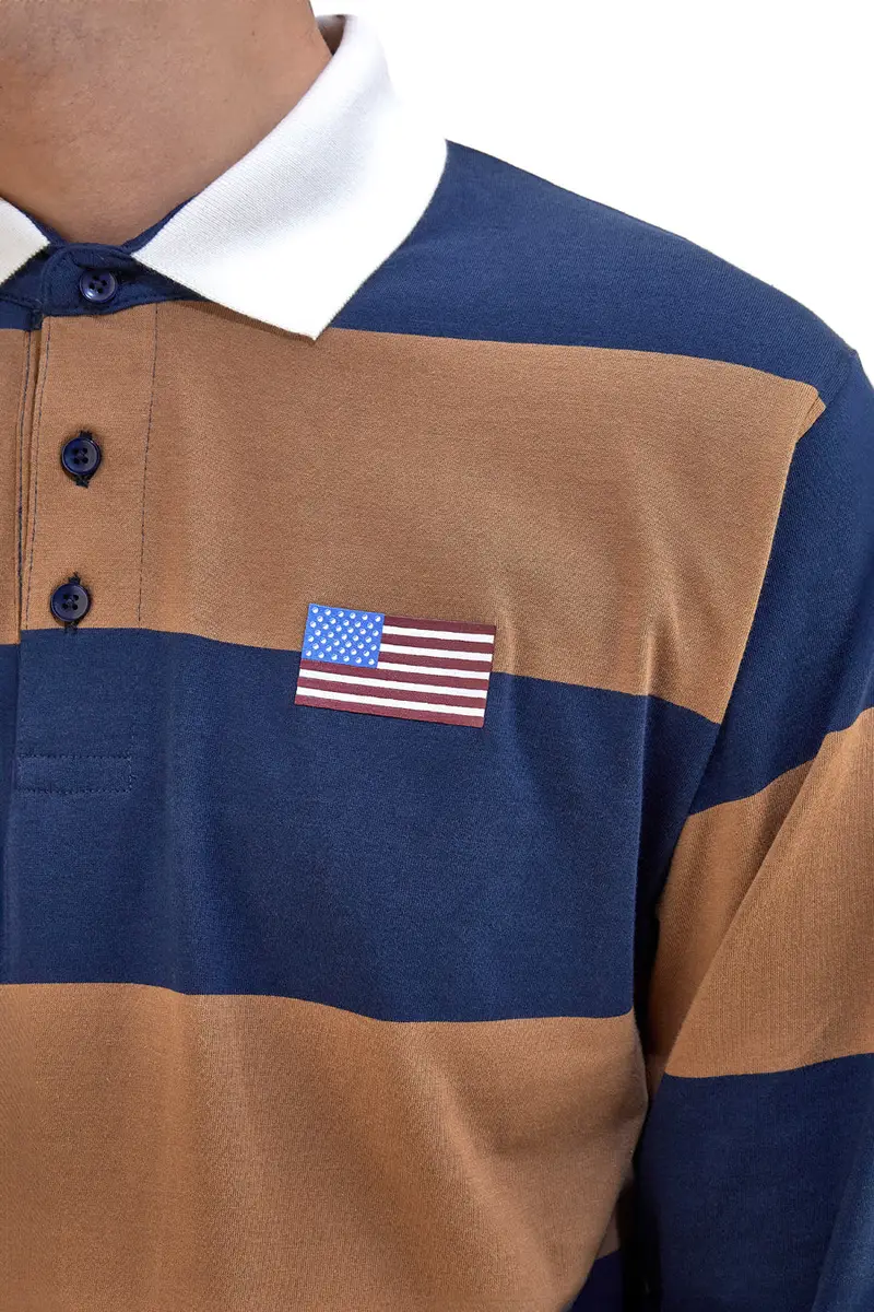 Maglia maniche lunghe a righe marrone e blu con colletto bianco US GOLF CLUB 1292 [CAMEL miniatura 4