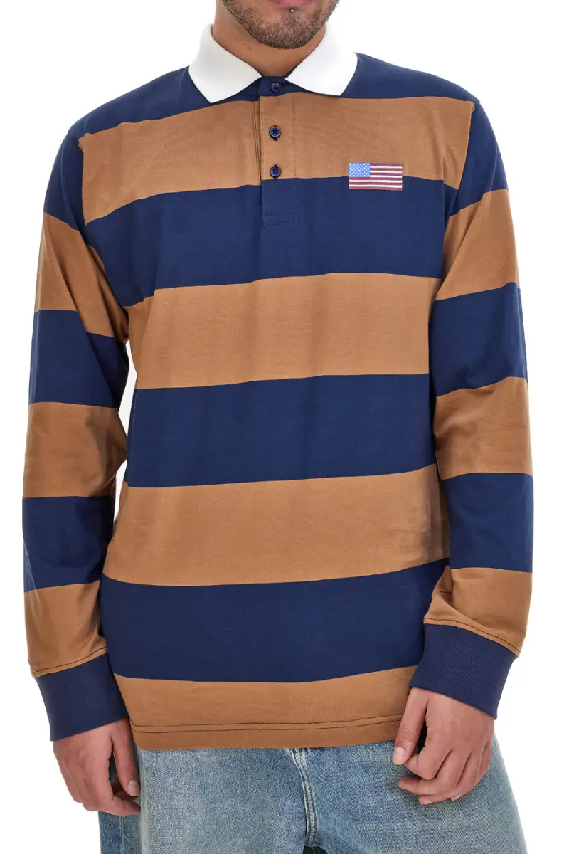 Maglia maniche lunghe a righe marrone e blu con colletto bianco US GOLF CLUB 1292 [CAMEL