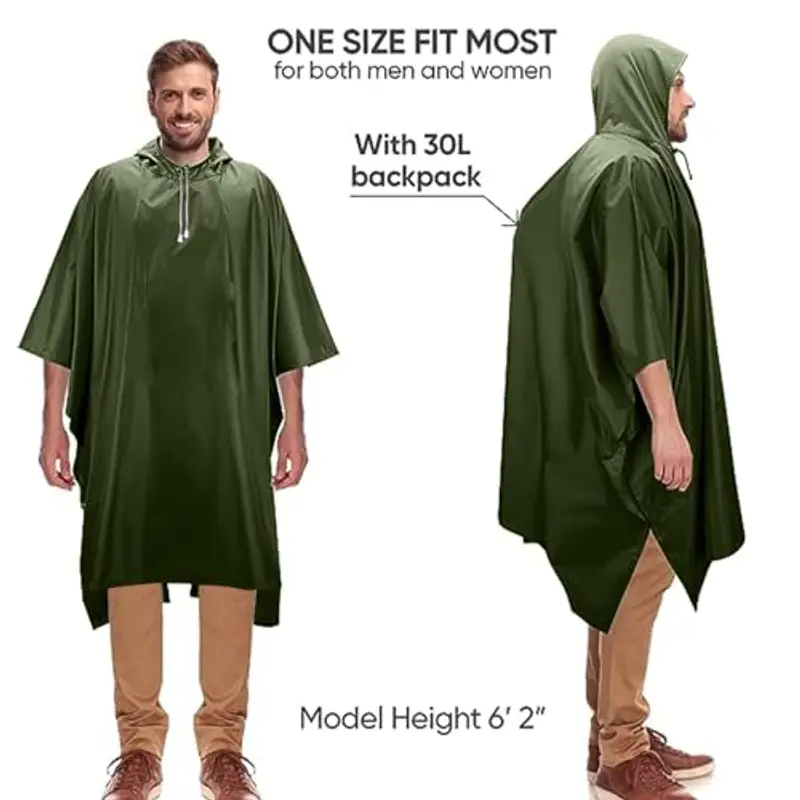 UTEFIF 3 in 1 Multifunzionale Poncho Impermeabile, Poncho antipioggia impermeabile Unisex, con borse portaoggetti, campeggio all'aperto, biciclette, escursioni e pesca - Verde militare miniatura 2