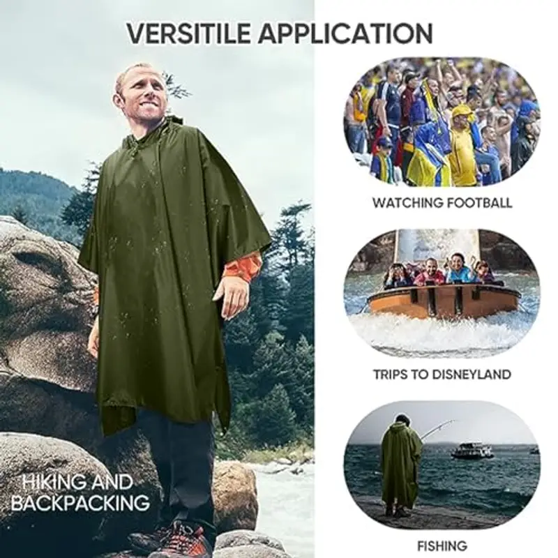 UTEFIF 3 in 1 Multifunzionale Poncho Impermeabile, Poncho antipioggia impermeabile Unisex, con borse portaoggetti, campeggio all'aperto, biciclette, escursioni e pesca - Verde militare miniatura 3