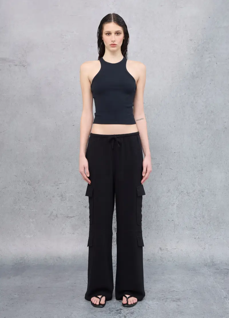Cargo Linen Wide Leg Pants Black, Donna, Nero