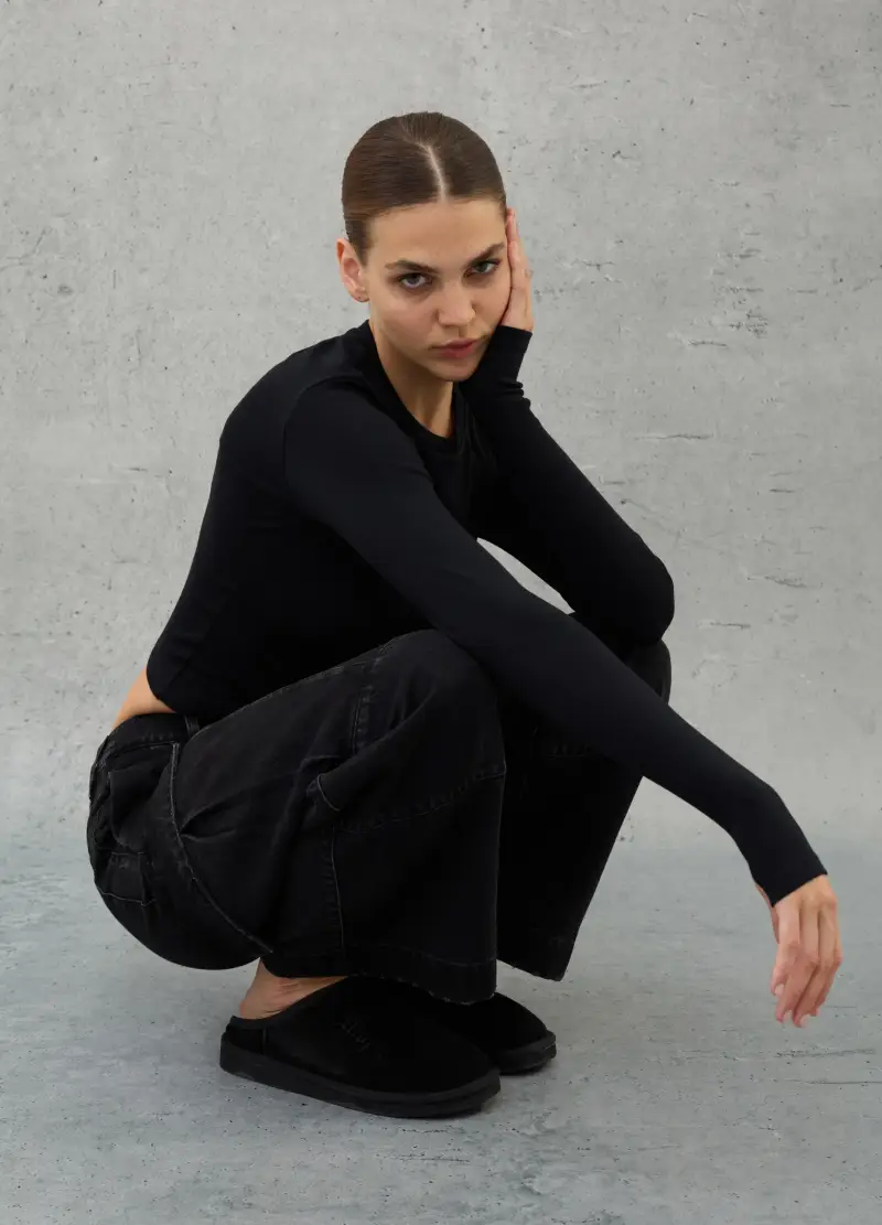 Crop Longsleeve T-shirt Black, Donna, Nero