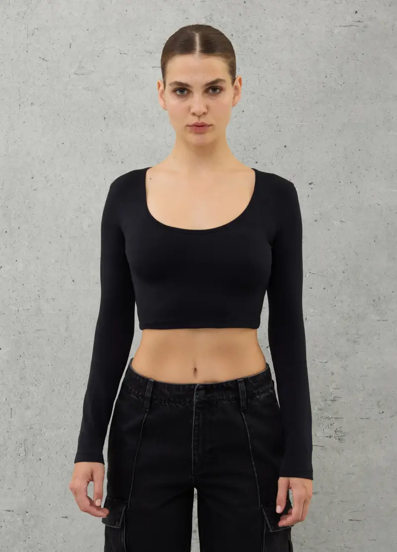 Cut Out Crop Longsleeve Black, Donna, Nero miniatura 3
