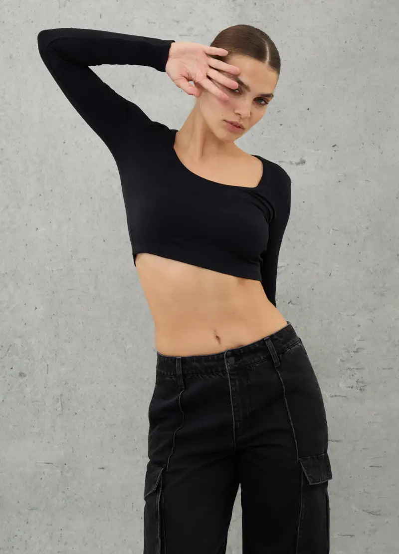 Cut Out Crop Longsleeve Black, Donna, Nero