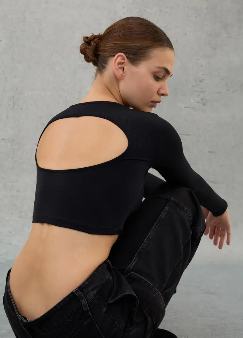 Cut Out Crop Longsleeve Black, Donna, Nero miniatura 2