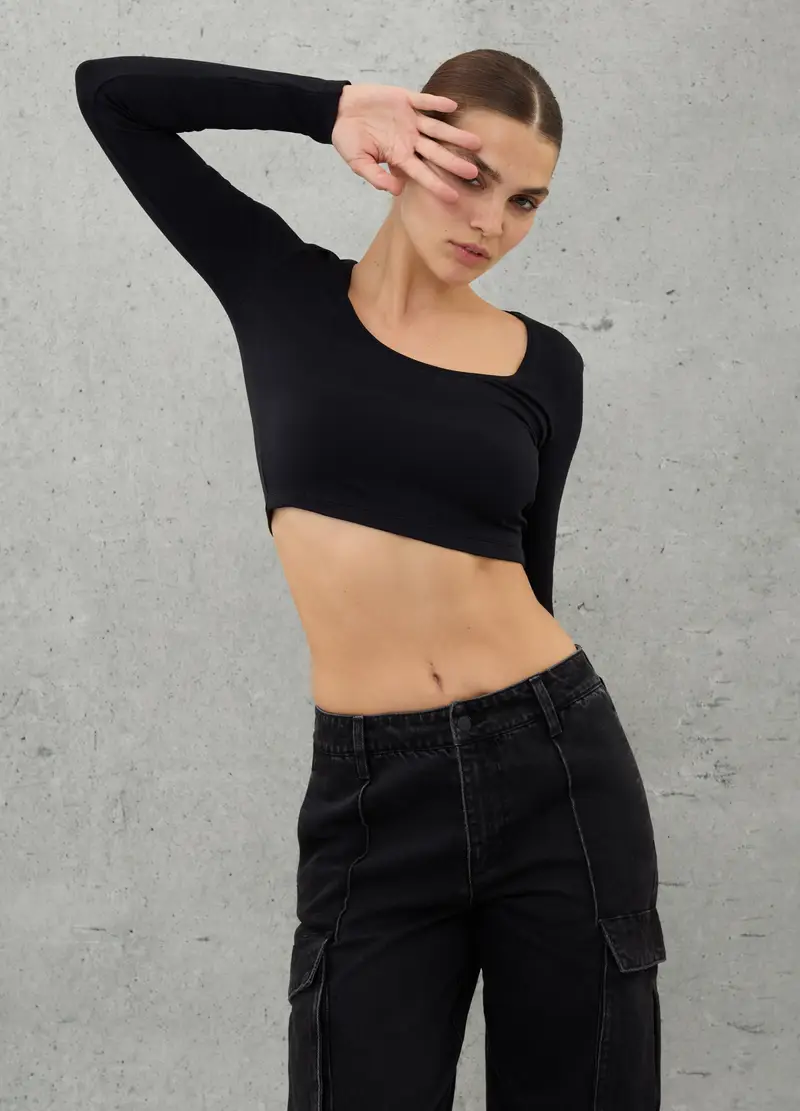 Cut Out Crop Longsleeve Black, Donna, Nero