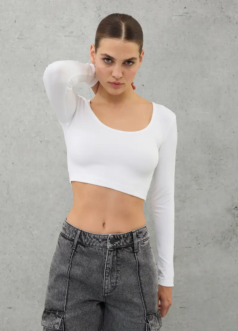 Cut Out Crop Longsleeve White, Donna, Bianco miniatura 2