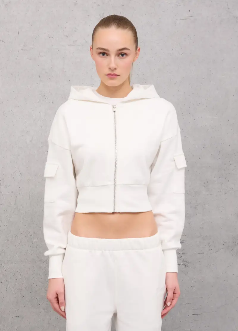 Felpa In Misto Cotone Bianca Con Zip, Donna, Bianco miniatura 2