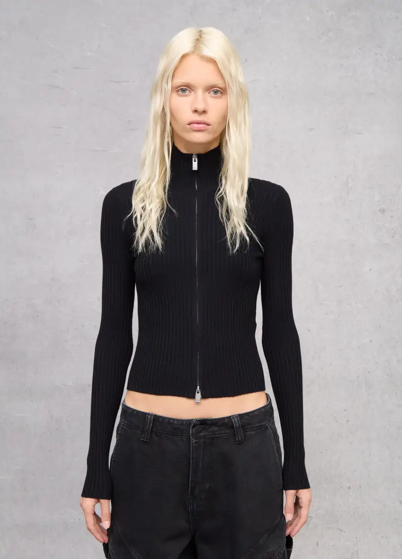 Full-zip Ribbed Knit Black, Donna, Nero miniatura 2